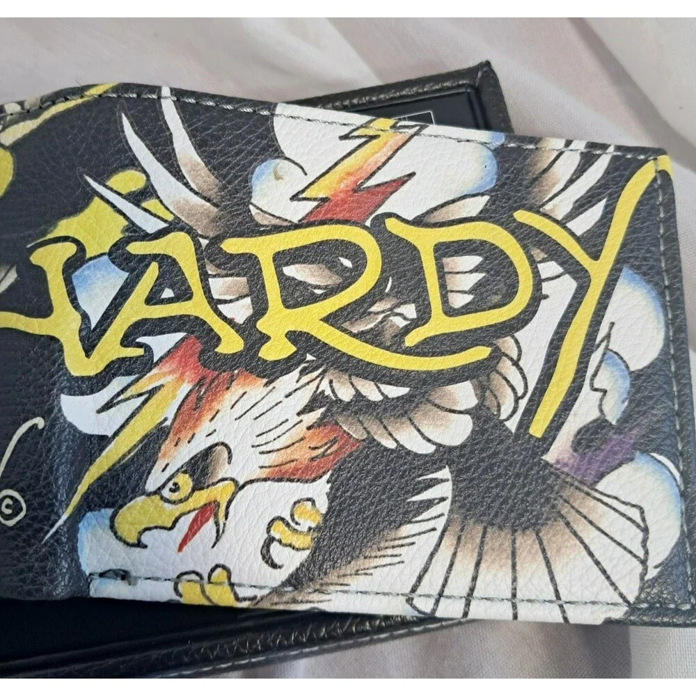 New Ed Hardy Men's Eagle Bifold Wallet Black Id Window And Skull Valet Tray Box